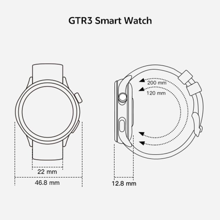 Fitness tracker smartwatch with round face, 22 mm band, and 46.8 mm case