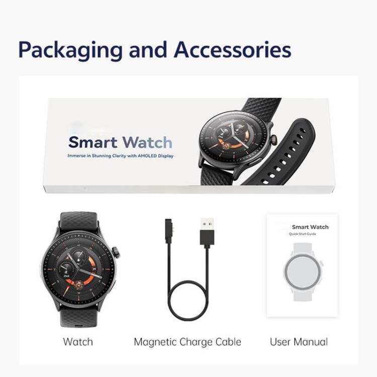 Smartwatch set with retail box, magnetic charging cable, and user manual.