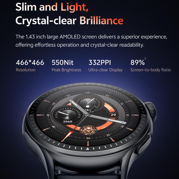 Close-up of the GR3 watch's round black AMOLED screen and metal bezel