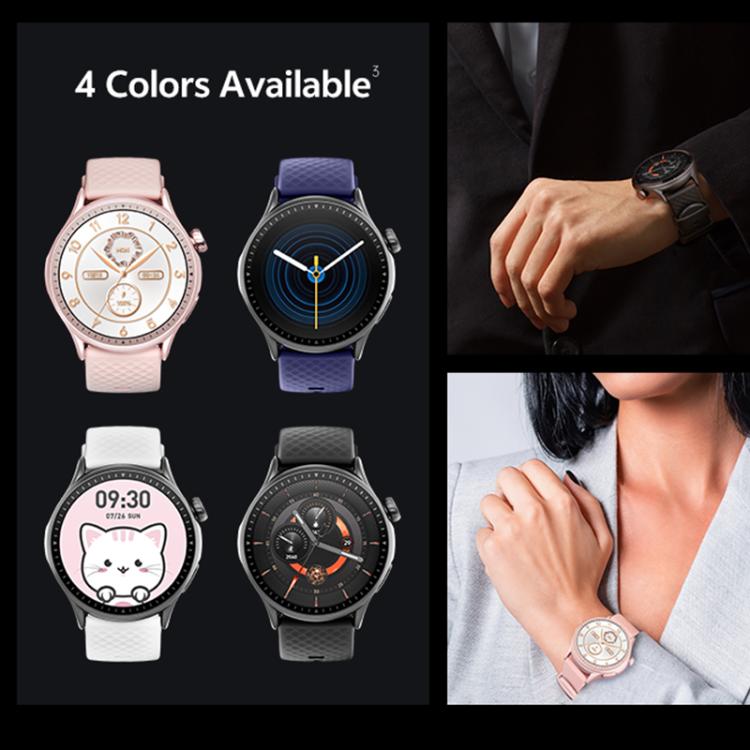 GR3 fitness watches in pink, blue, light gray, and black, with wrist views