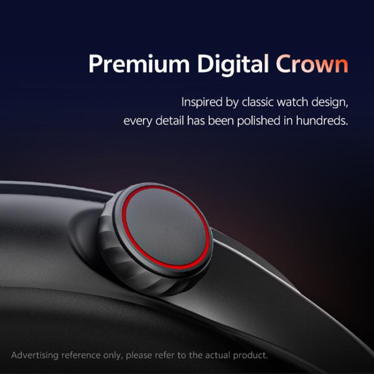 Smartwatch close-up showing a black digital crown with a red accent ring.