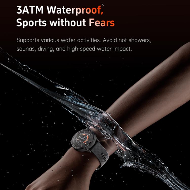 Black GR3 fitness tracker watch worn on a wrist under running water