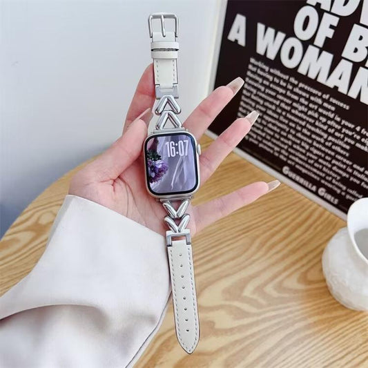 Apple Watch band with white leather straps and silver V-shaped metal links