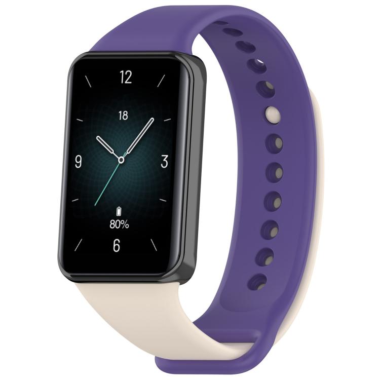 Purple and cream TPU sport watch band for Honor Band 9, shown on watch