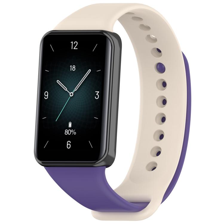 Two-tone white and purple TPU sport watch band on a smartwatch