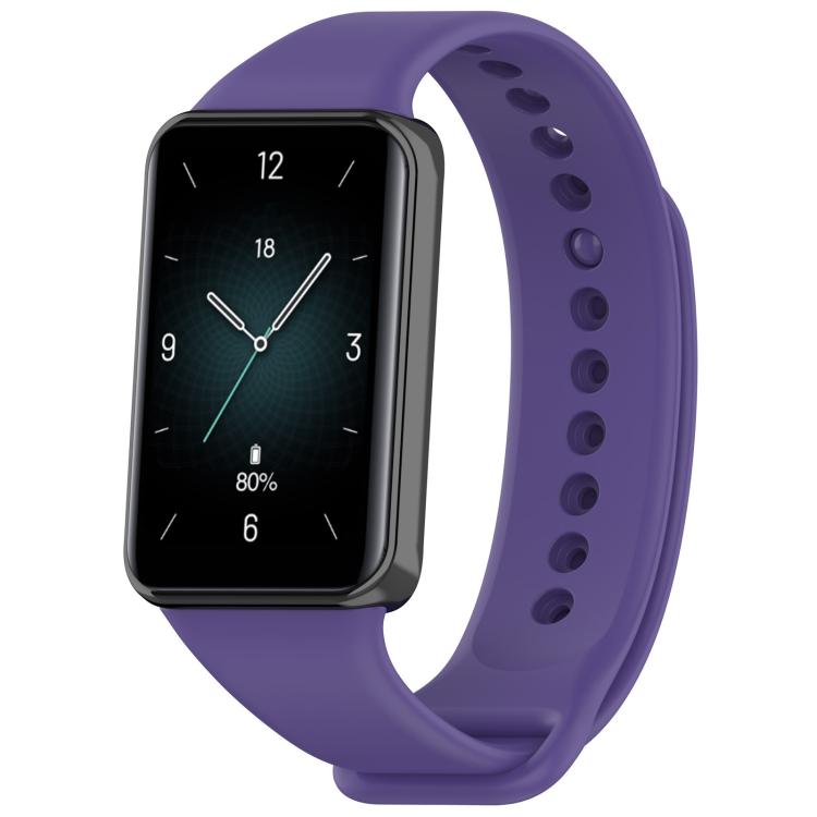 Purple TPU sport watch band shown fitted to a rectangular smartwatch