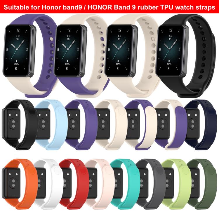 Honor Band 9 TPU watch bands in assorted colors, shown with compatible watch faces