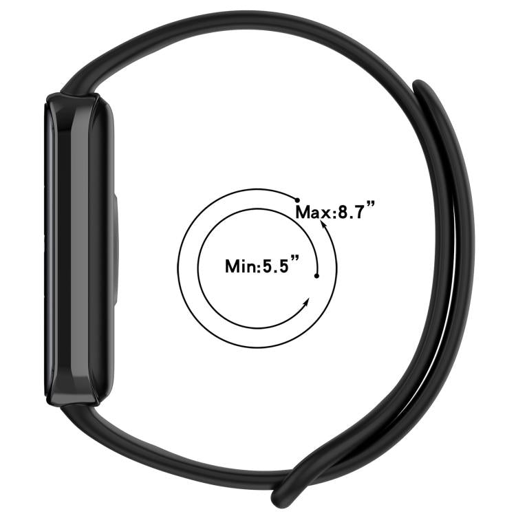 Black TPU watch band shown with wrist fit range of 5.5 to 8.7 inches
