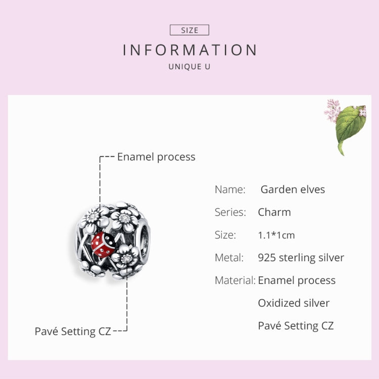 S925 garden elves charm bead with ladybug red enamel, oxidized silver detail.