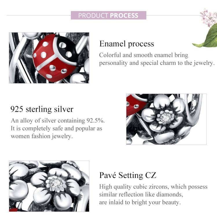 Sterling silver charm bead showing red ladybug enamel in silver floral filigree.
