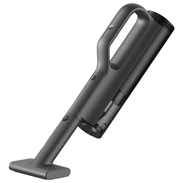 Handheld car vacuum cleaner, dark gray/black body with floor brush attachment