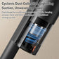 Handheld vacuum with transparent cyclone dust-collection chamber and blue filter elements