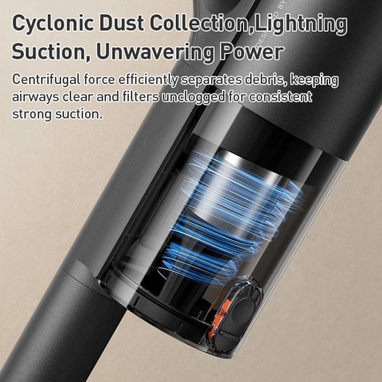 Handheld vacuum with transparent cyclone dust-collection chamber and blue filter elements