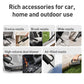 Handheld car vacuum accessory set with crevice, brush, wide, and air-blower nozzles