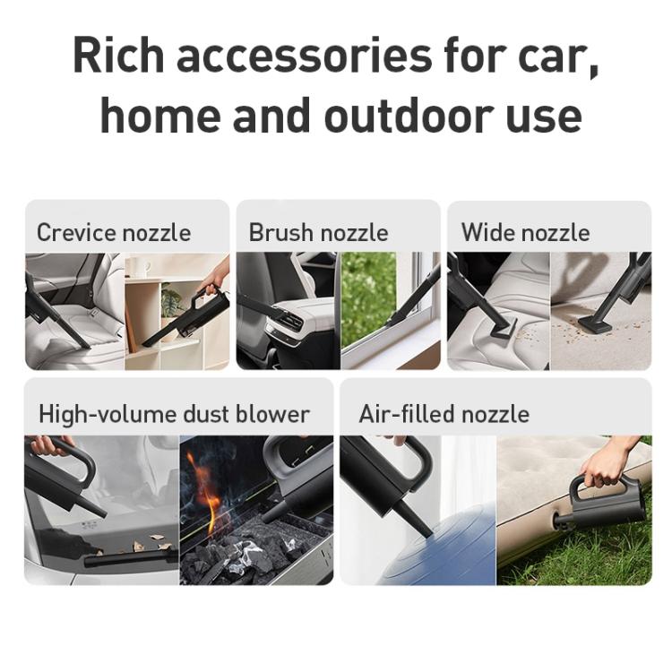 Handheld car vacuum accessory set with crevice, brush, wide, and air-blower nozzles
