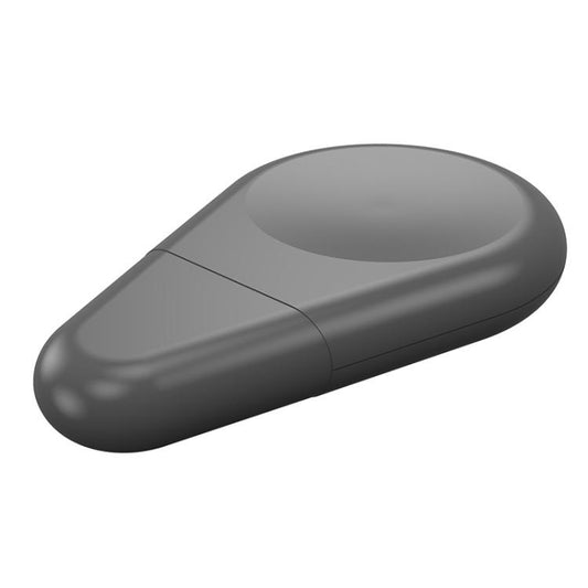 Closed, capsule-shaped dark gray smartwatch charger