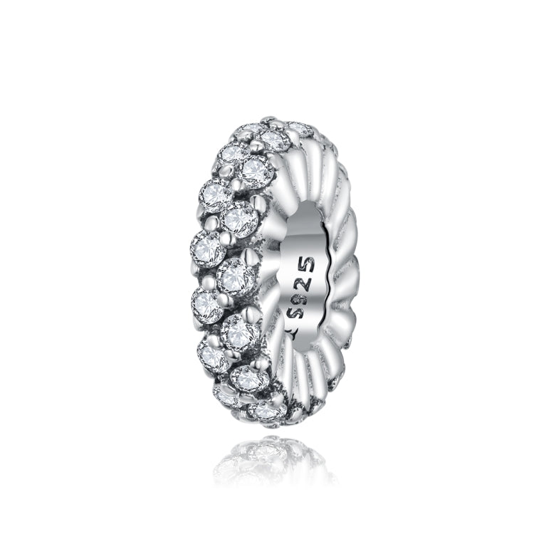 Oxidized silver zircon CZ charm bead ring with circular pave stones, engraved 925