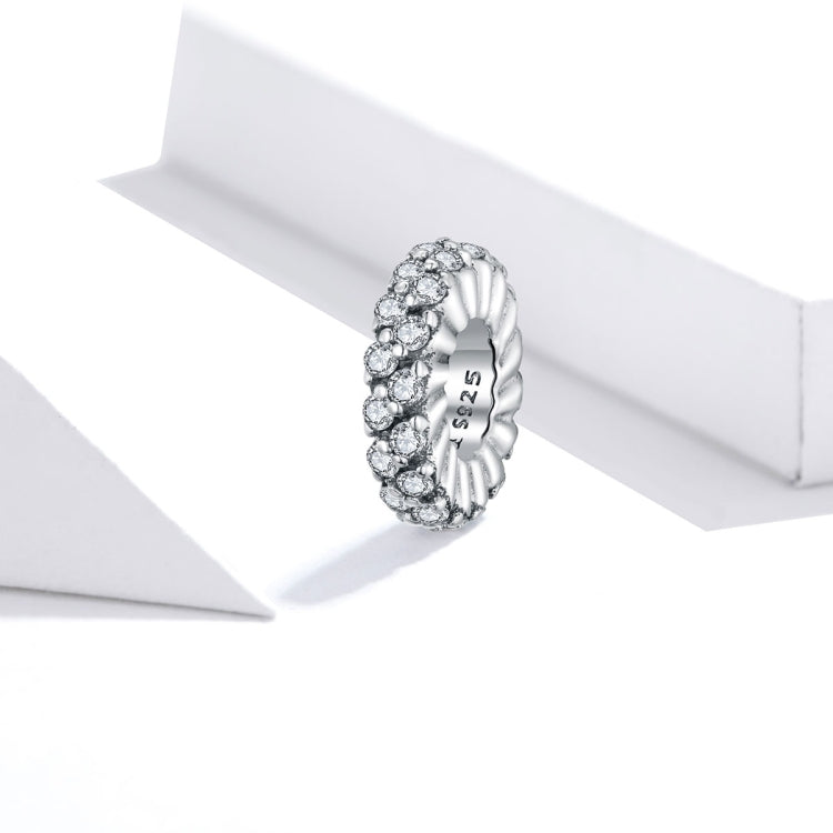 Circular oxidized silver charm bead with bright pave CZ stones and vertical 925 marking