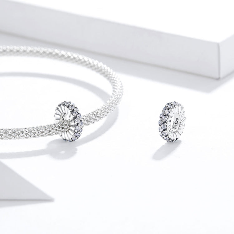 Silver mesh chain bracelet with oxidized circular charm bead and matching pave CZ stud
