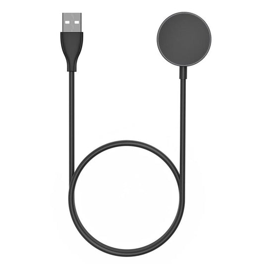 Black smartwatch charging cable with round magnetic charging pad and USB plug