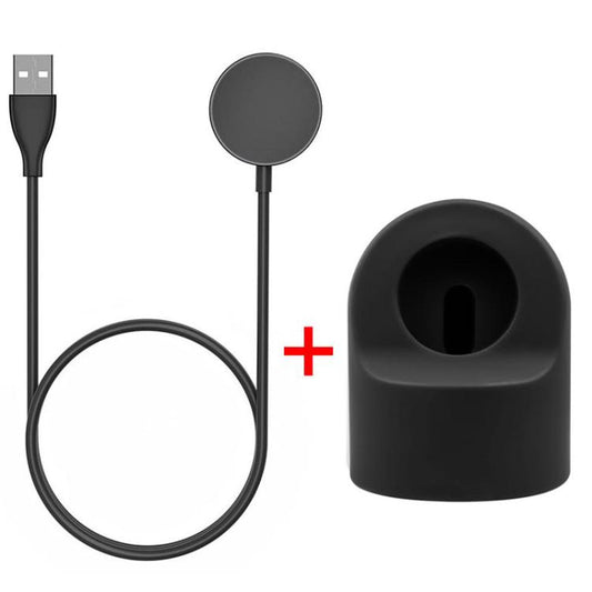 Black smartwatch charging cable with USB plug and matching holder