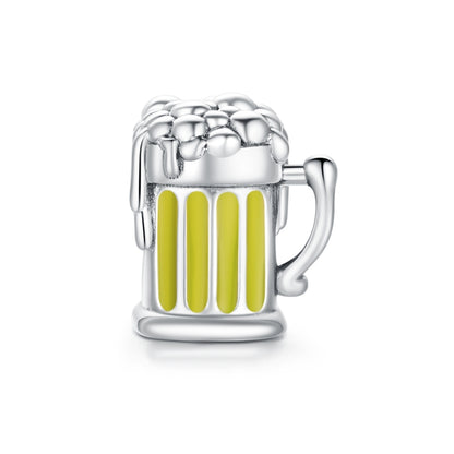 Silver beer mug charm bead with yellow enamel stripes and curved side handles