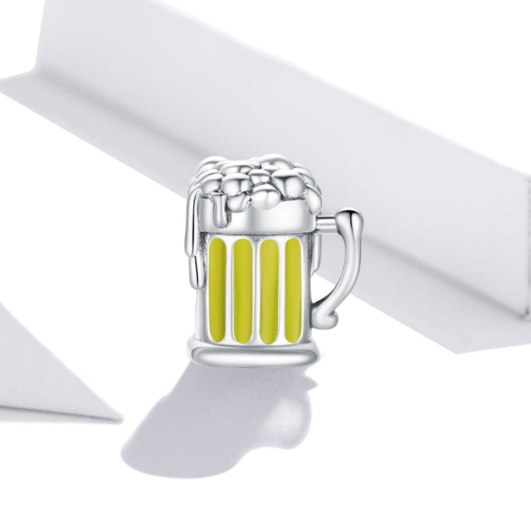 Silver beer mug charm bead with yellow enamel stripes and side handle detail