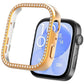 Rose gold smartwatch protective cover with crystal trim beside a watch