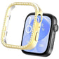 Gold watch case cover with crystal-studded bezel, shown beside a smartwatch