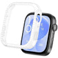 Clear watch case cover with crystal-studded bezel, shown beside a smartwatch