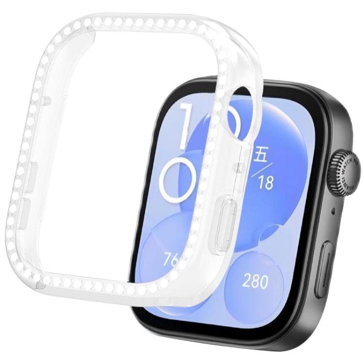 Clear watch case cover with crystal-studded bezel, shown beside a smartwatch