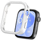 Silver watch case cover with crystal-studded bezel, shown beside a smartwatch