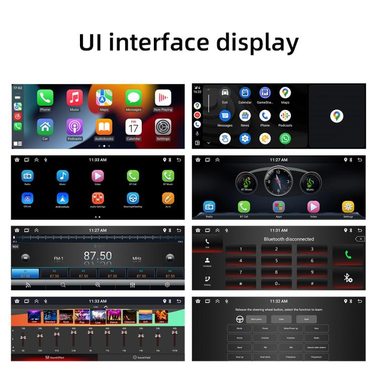 In-dash car stereo head unit with touchscreen displaying app icons interface