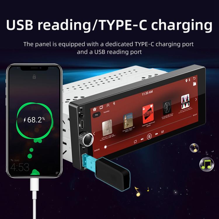 1DIN MP5 car stereo with USB and Type-C charging ports and touchscreen interface