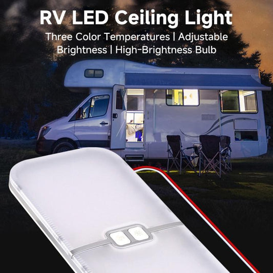 White RV LED roof light with oval front window and attached red/black power wires