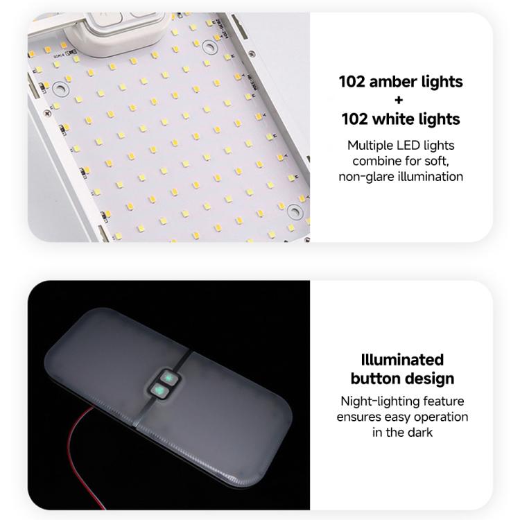 White RV LED roof light with illuminated button and LED panel underside detail