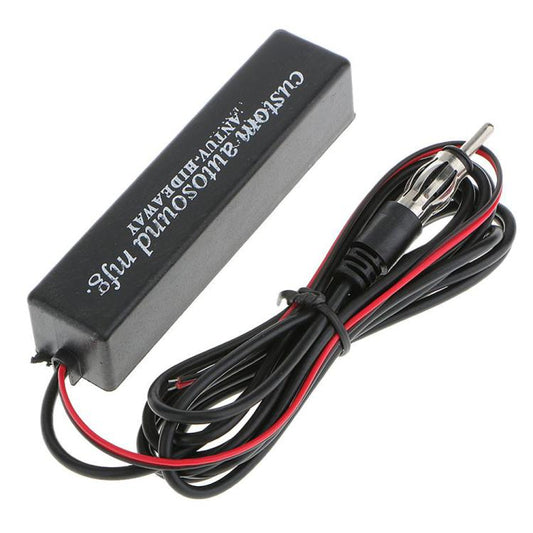 Black amplified AM/FM radio antenna module with bundled wiring and two antenna leads