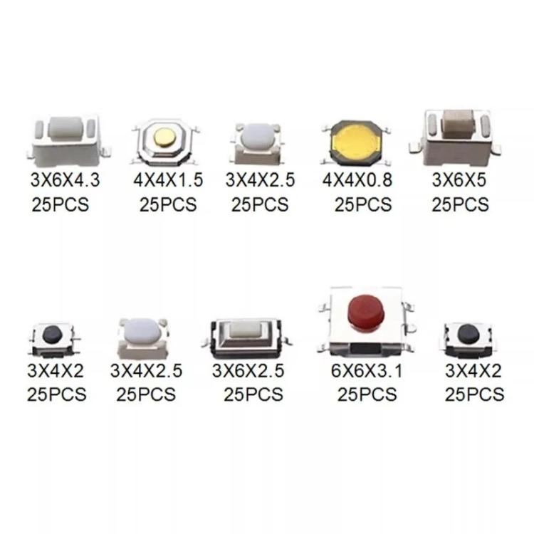 Assorted tactile switch buttons set showing multiple styles and sizes