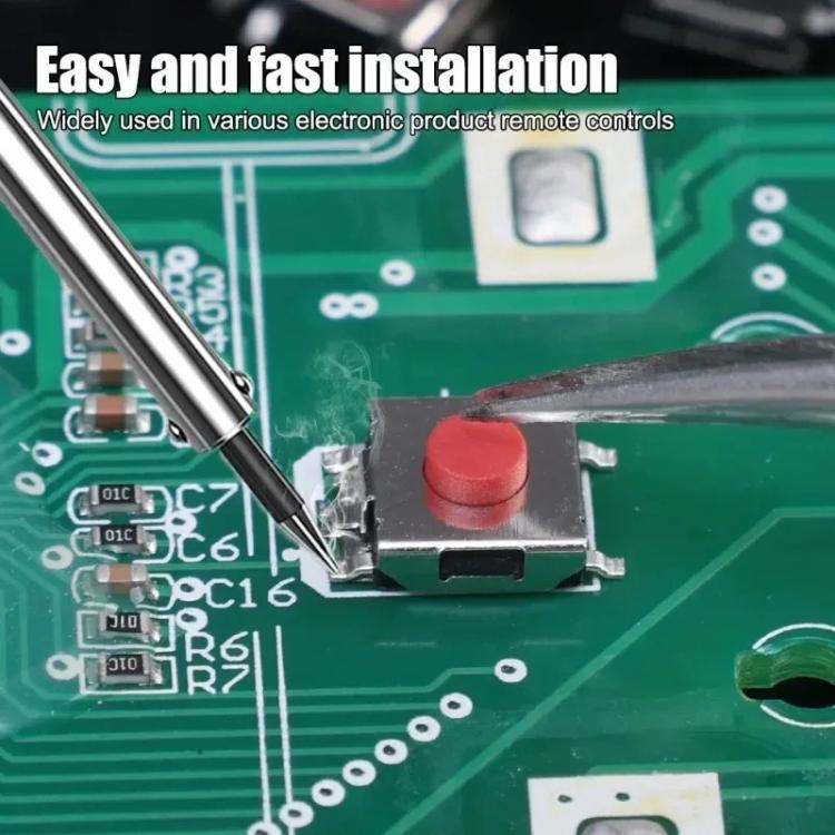 PCB tactile switch with red push button and metal tool tip near contact area
