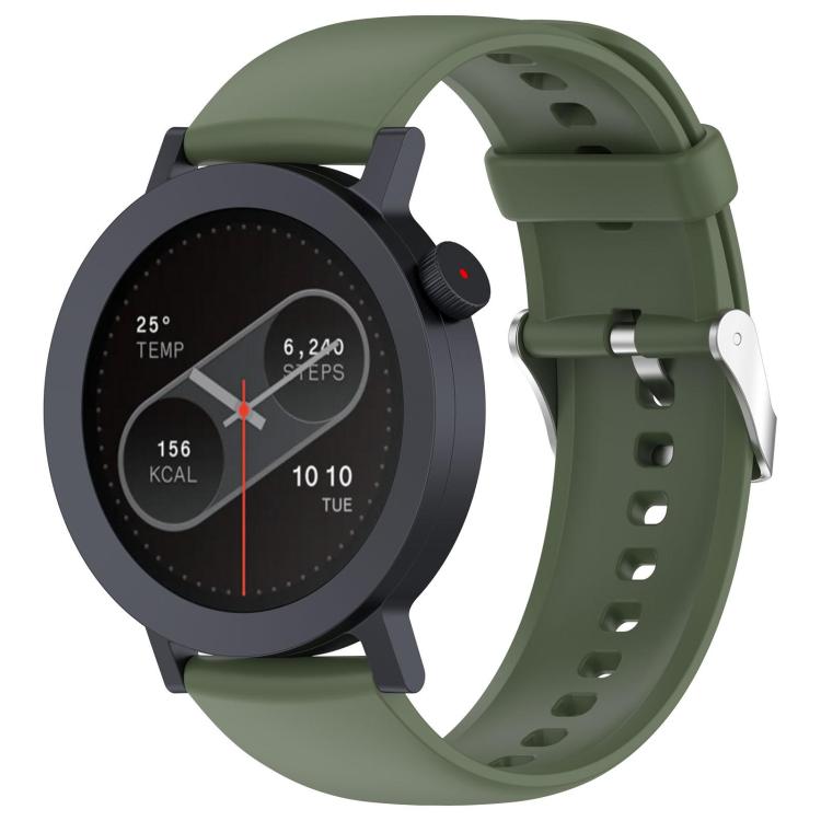 Dark green silicone watch band with round smartwatch, buckle and adjustable holes