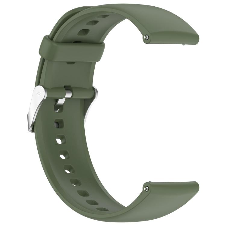 Reverse side of dark green silicone watch band with silver buckle