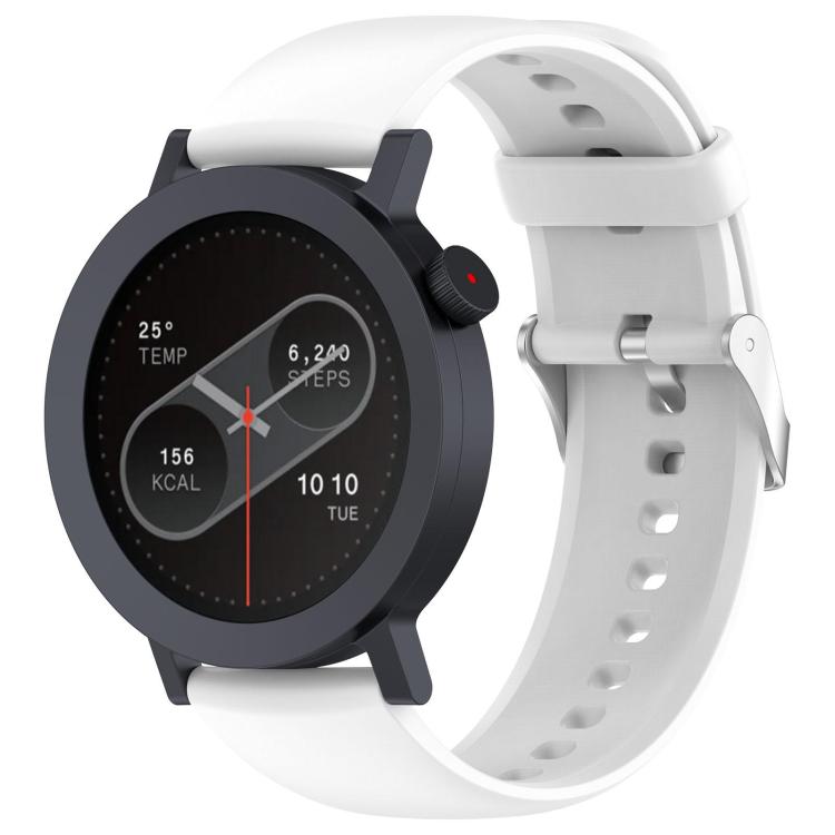White silicone watch band with round smartwatch and adjustable holes