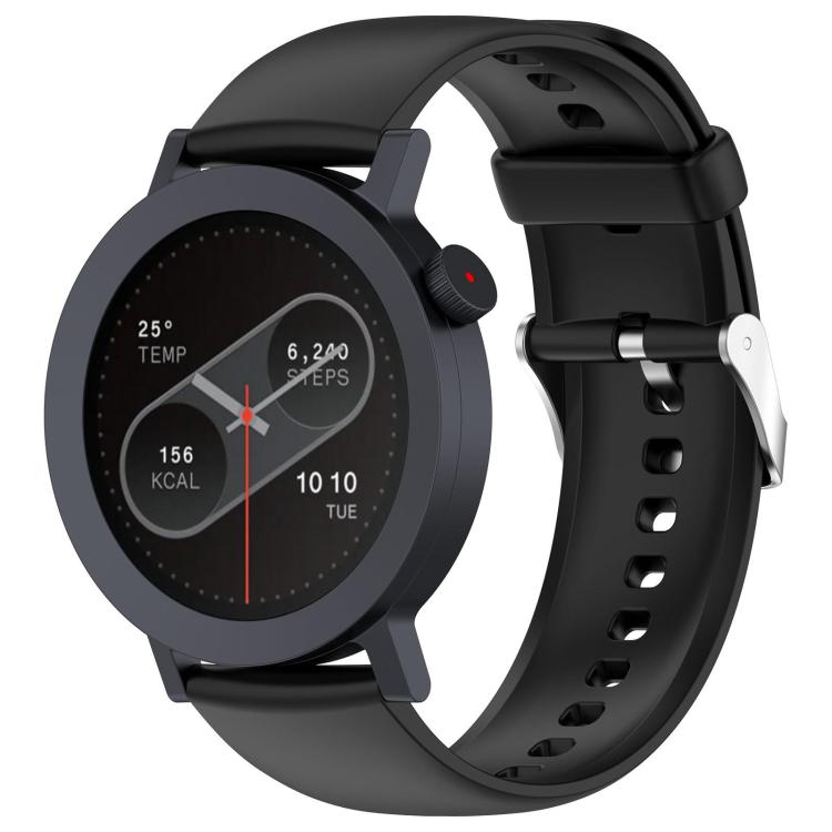 Black silicone watch band with round smartwatch, buckle and adjustable holes