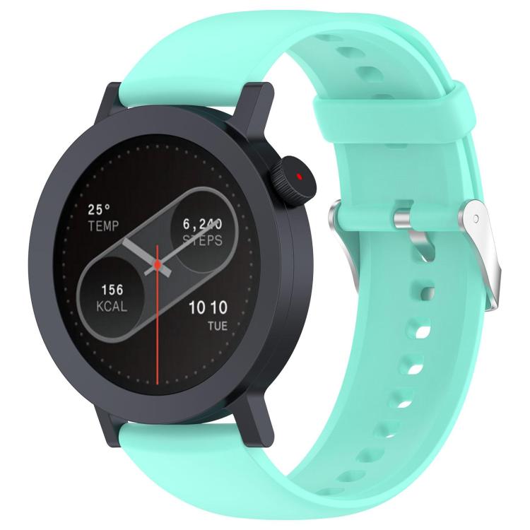 Teal silicone watch band with round smartwatch and adjustable holes