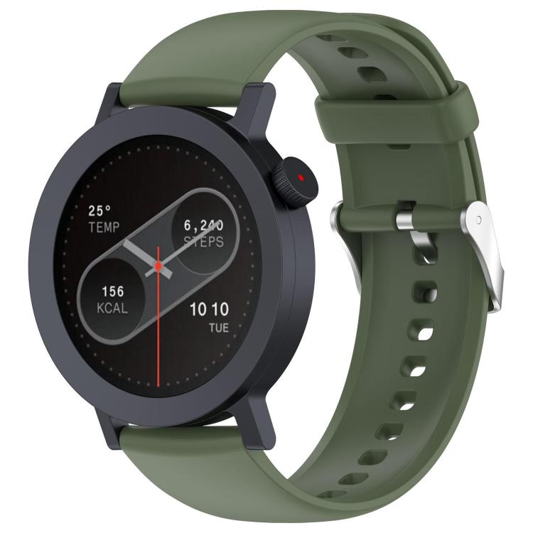 Dark green silicone smartwatch band with adjustment holes and metal buckle, shown on a round watch.