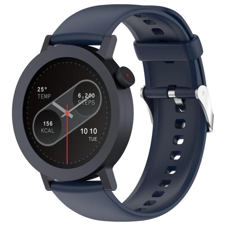 Navy silicone watch strap with multiple sizing holes and a metal buckle, fitted to a round smartwatch.