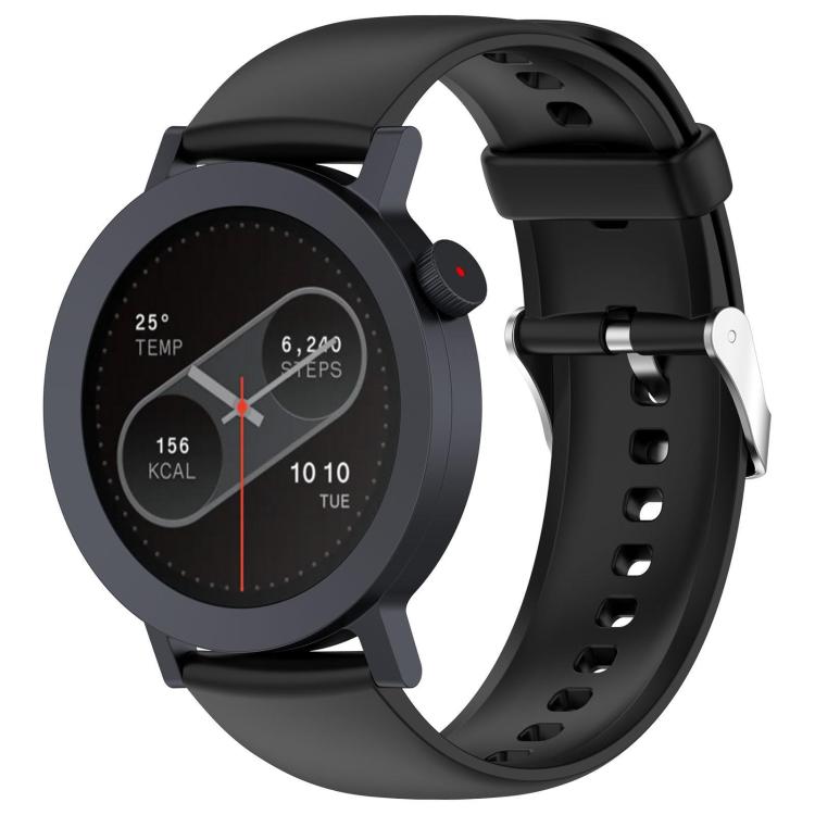 Black silicone smartwatch band with adjustment holes and metal buckle, shown on a round watch.