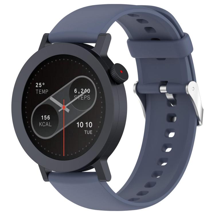 Blue-gray silicone watch band fitted to a round smartwatch, with adjustment holes and metal buckle.