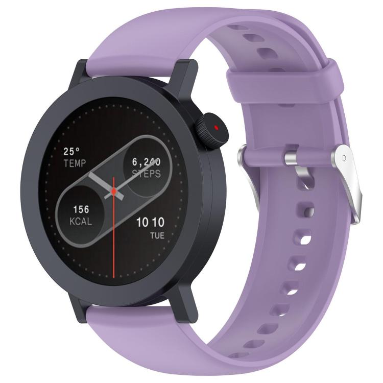 Light purple silicone watch band fitted to a round smartwatch, with adjustment holes and metal buckle.