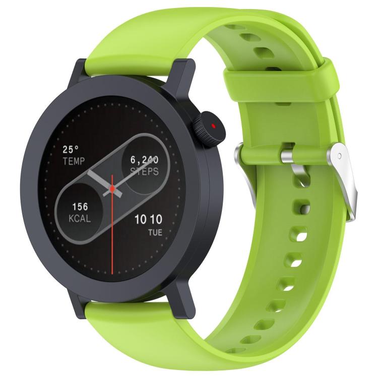 Lime silicone watch band fitted to a round smartwatch, with adjustment holes and metal buckle.